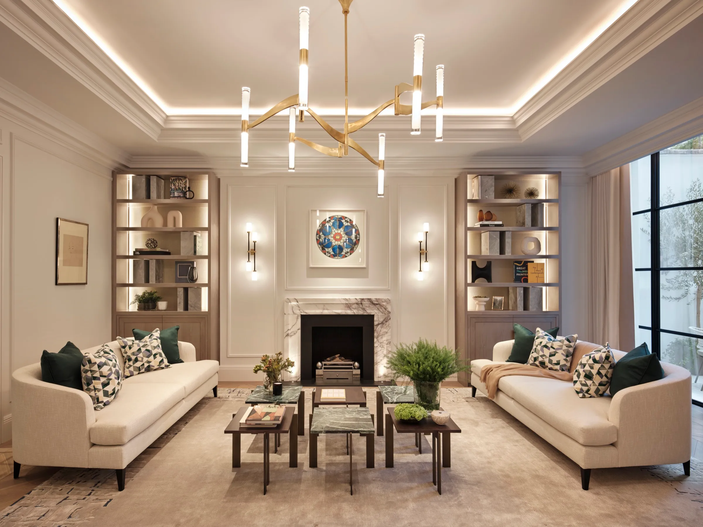 Drawing room with lit ceiling coffer, fireplace and built-in shelving