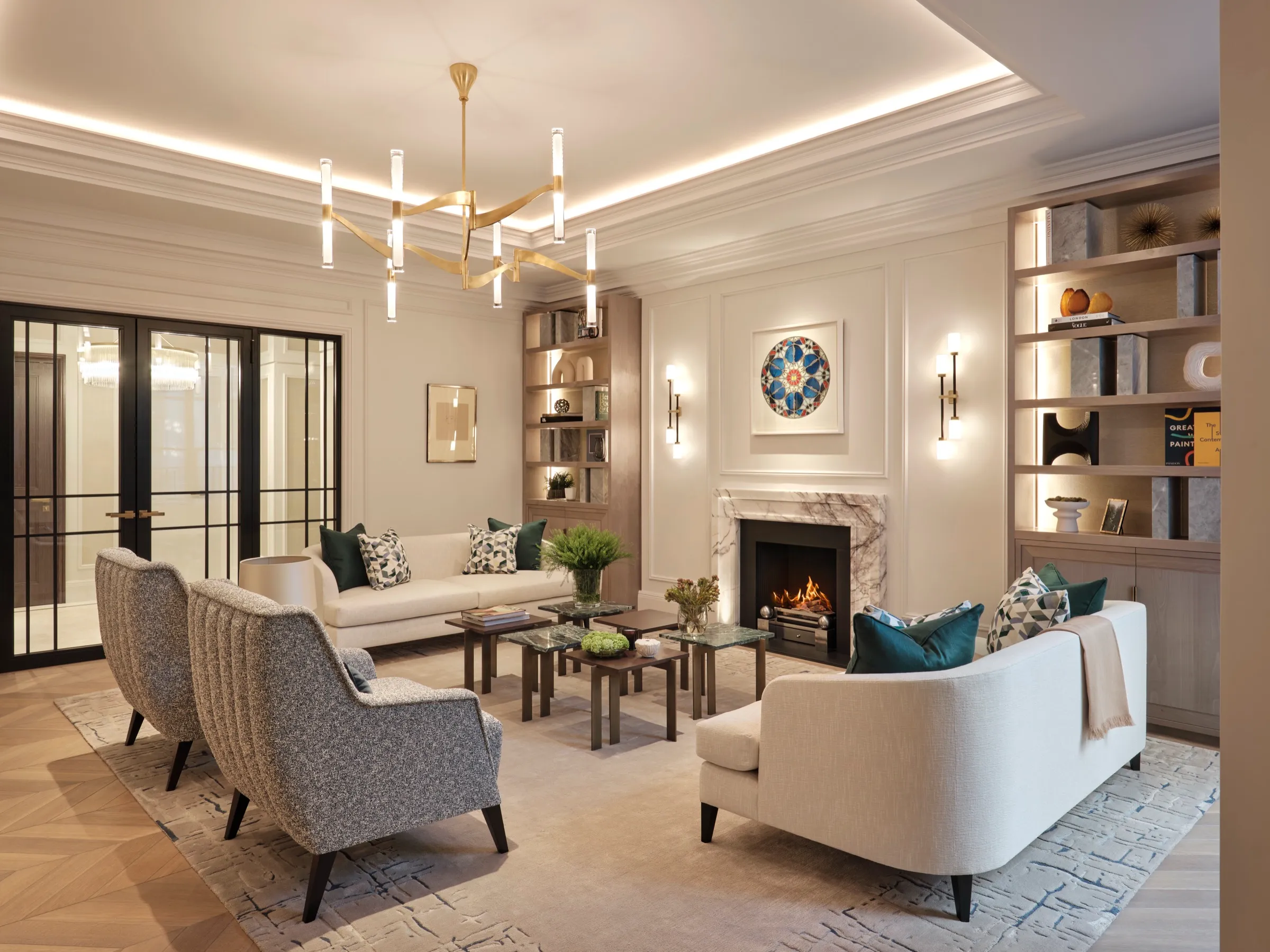 Drawing room with steel-framed doors and marble fireplace