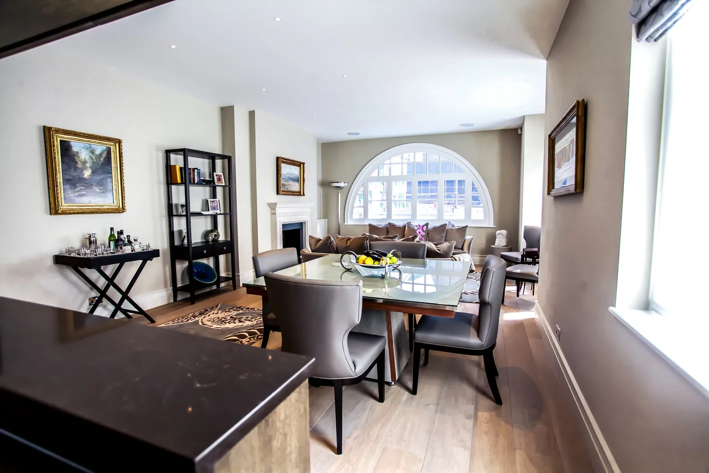 Dining area with arched window