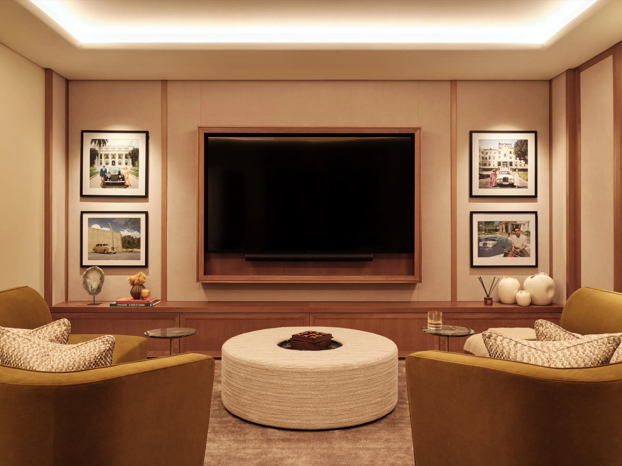Media room with timber panelling and cove lighting