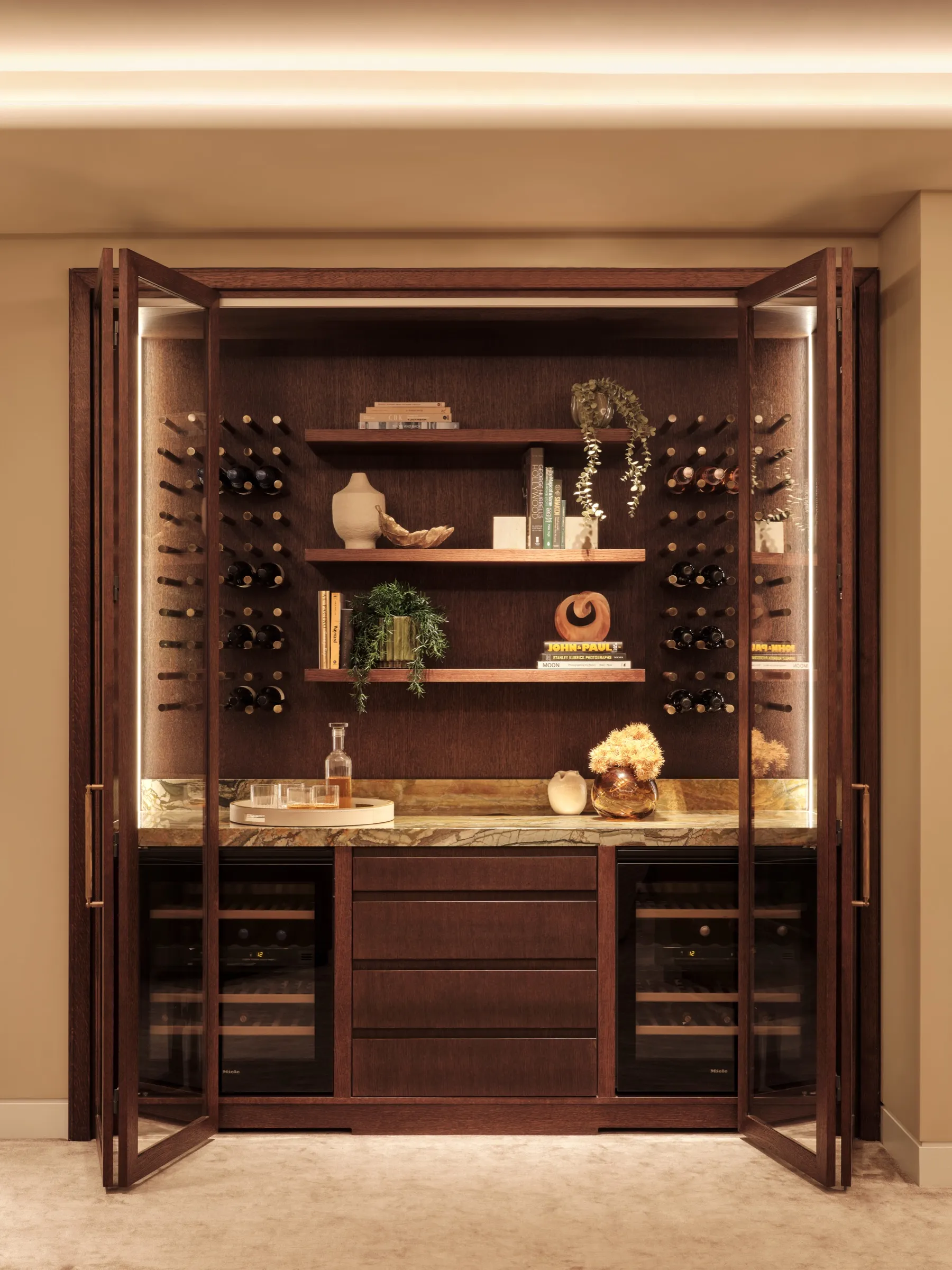 Bespoke walnut bar cabinet with lit wine storage